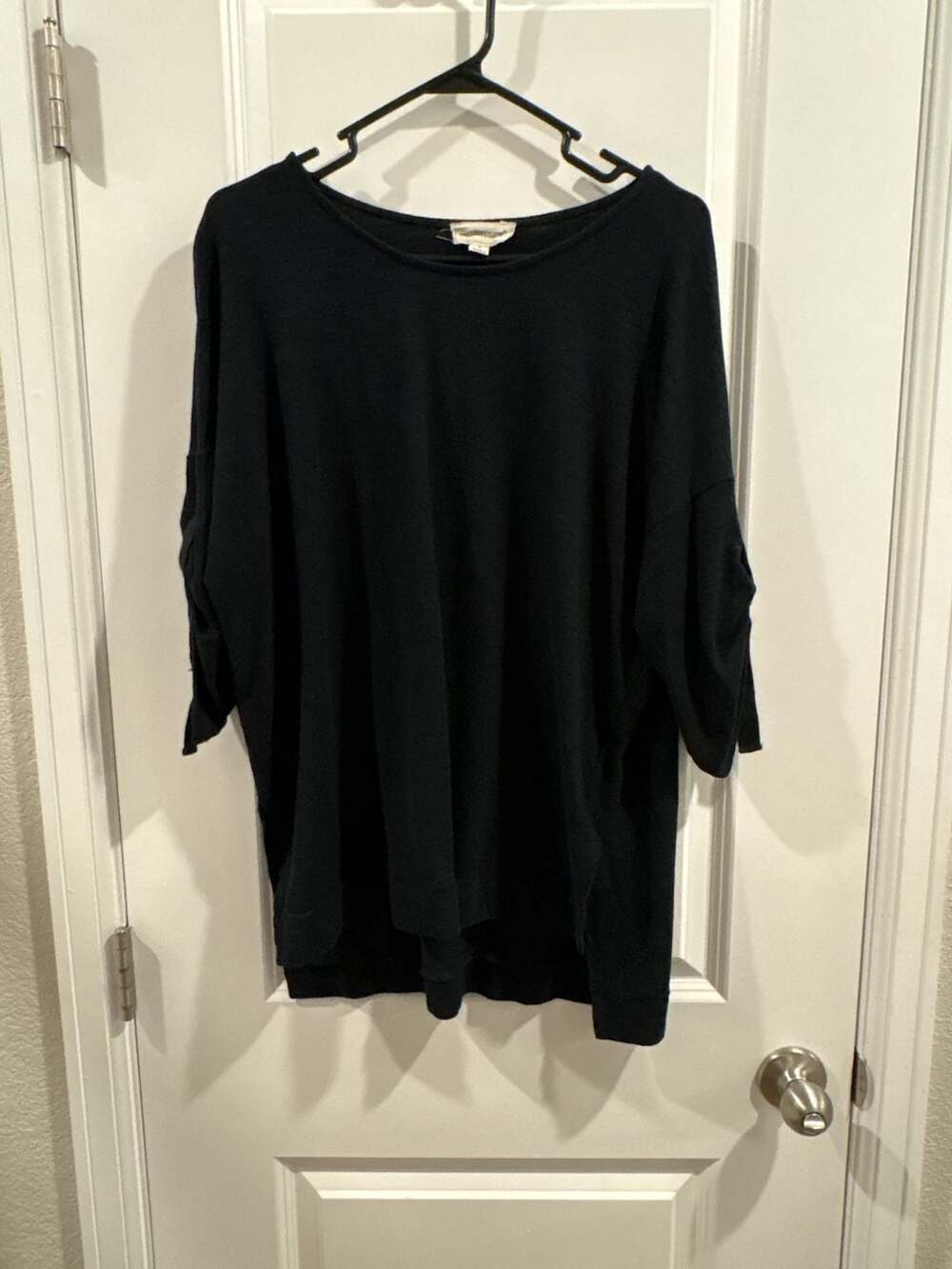 Coverstitched Black 3/4 Sleeve Knit Top